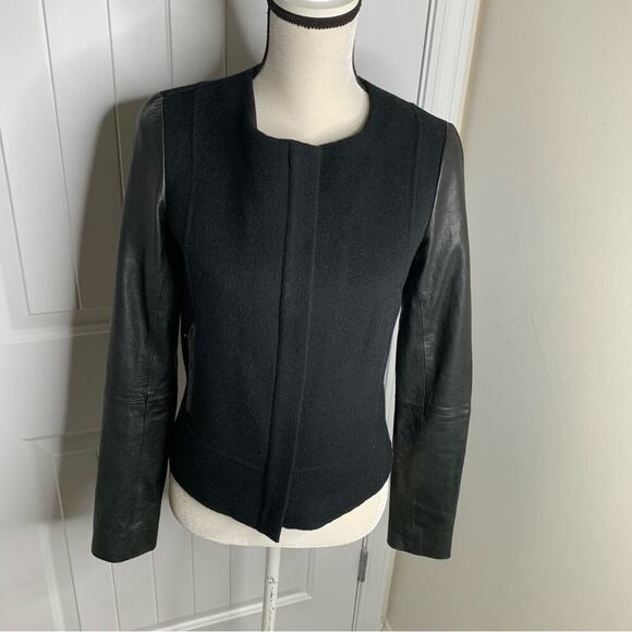 Vince black wool leather sleeves‎ zip up jacket small minimalist quiet luxury - Picture 2 of 8